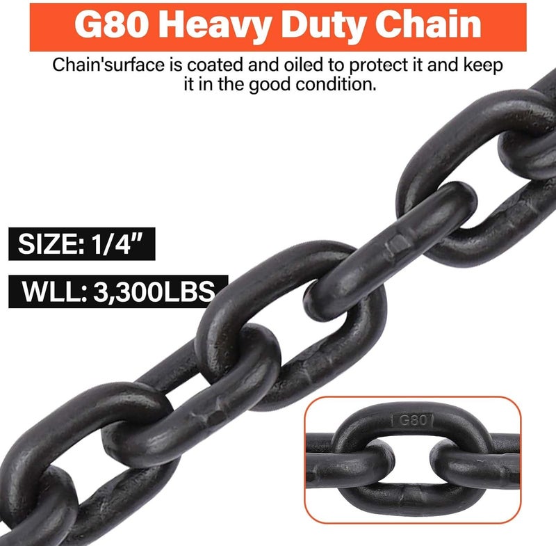 Lechansen G80 Transport Binder Chain 1/4 Inch x 10 Feet, Equipped with G80 Chain Hook, Grade 80 Tow Chains with Hook, 3,300 lbs Working Load Trailer Safety Chain for Ratchet Binder, Towing - Image 3